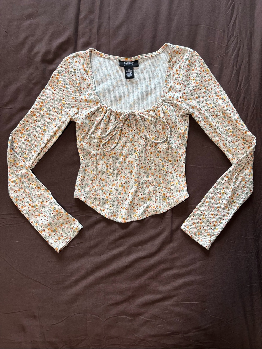 Brandy Melville Cream Floral Long-Sleeve Tie Front Top
